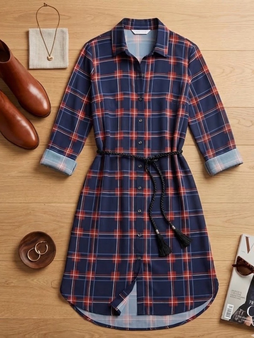 Tristan Navy and Red Plaid Button-Front Midi Dress